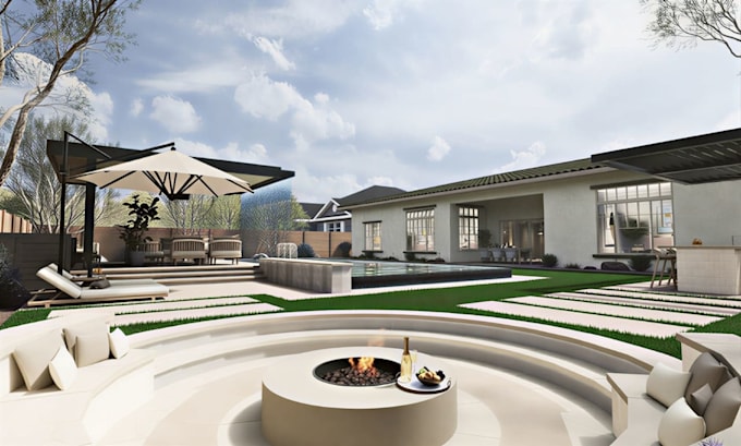 do backyard landscape design, 3d pool, garden, patio, outdoor design rendering