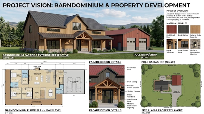 render barndominium, pole barn, house plan, facade design for your project