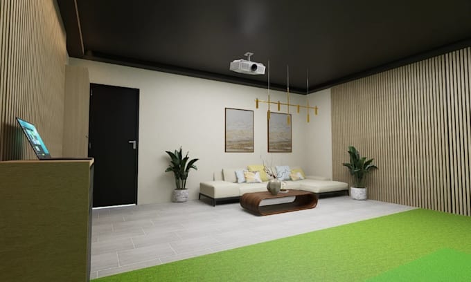 design golf simulator setup,3d golf lounge,man cave interior,indoor putting golf