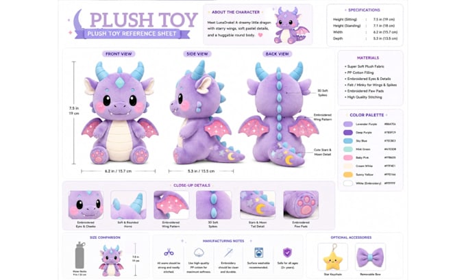 design a custom plush toy reference sheet and tech pack for manufacturing