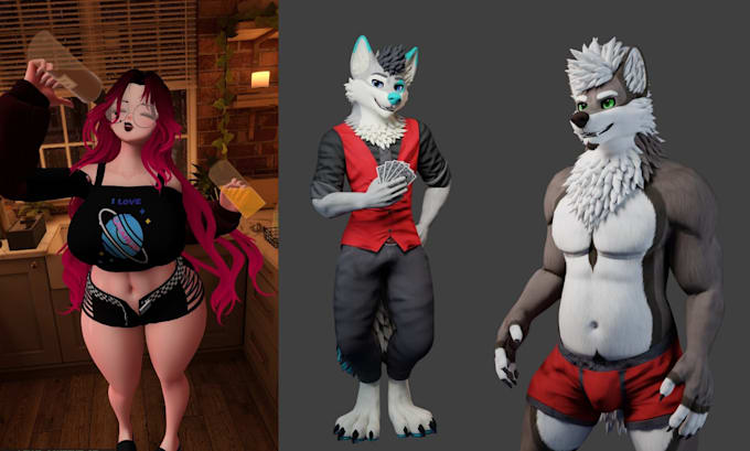 create custom vrchat avatar, vrchat 3d model, anime furry vrchat avatar rigging