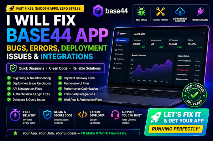 fix base44 app bugs, errors, deployment issues and integrations