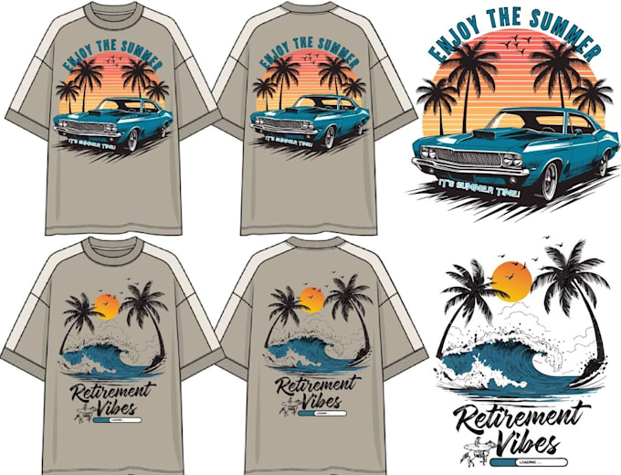 do retro summer car t shirt logo design for beach vibes