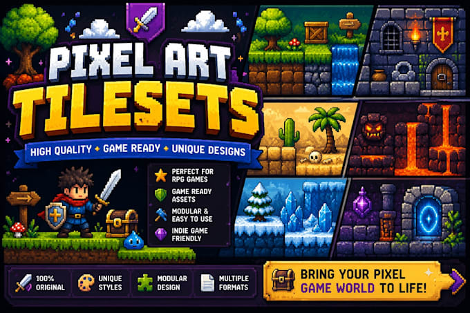 design pixel art tilesets, backgrounds, and animations