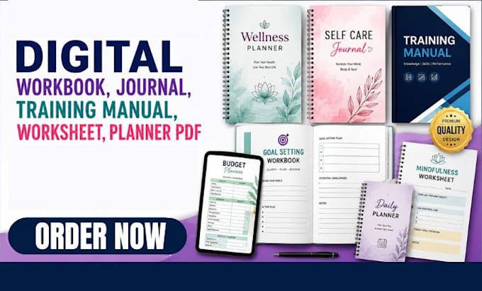 design digital workbook, journal, training manual, worksheet, planner PDF
