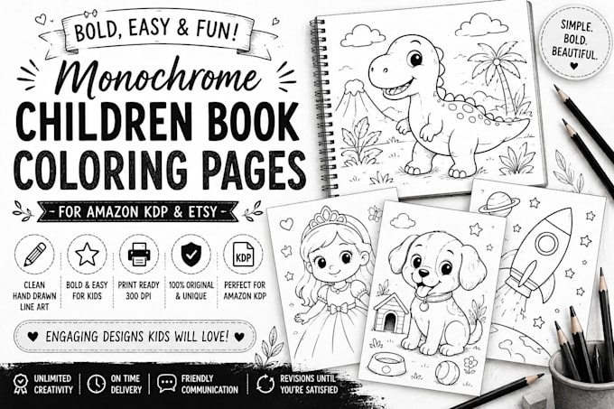 create bold and easy easy monochrome coloring pages for amazon KDP children book