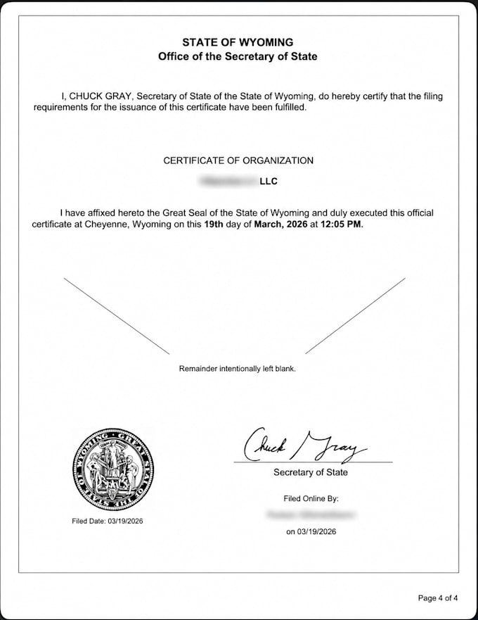 form your US wyoming llc with ein and registered address