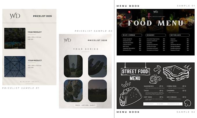 a minimalist and modern catalog, price list, and menu book