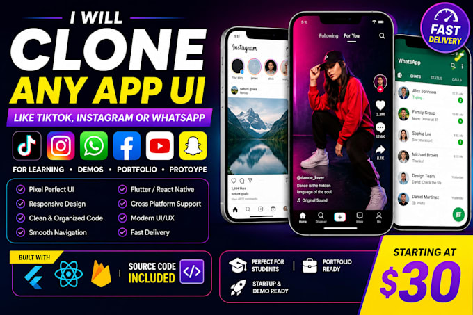 clone any app UI like tiktok instagram or whatsapp for learning and demos