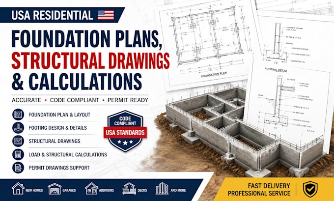 create USA residential foundation plans, structural drawings with calculations