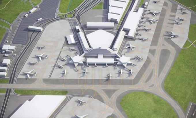 create realistic cgi 3d airport design, car park and terminal visualization