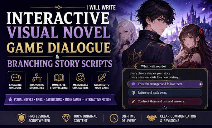 write interactive visual novel, game dialogue, and branching story scripts