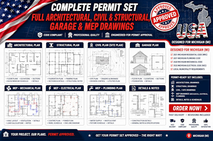 do full permit set, civil and structural plan, garage plan, mep drawing