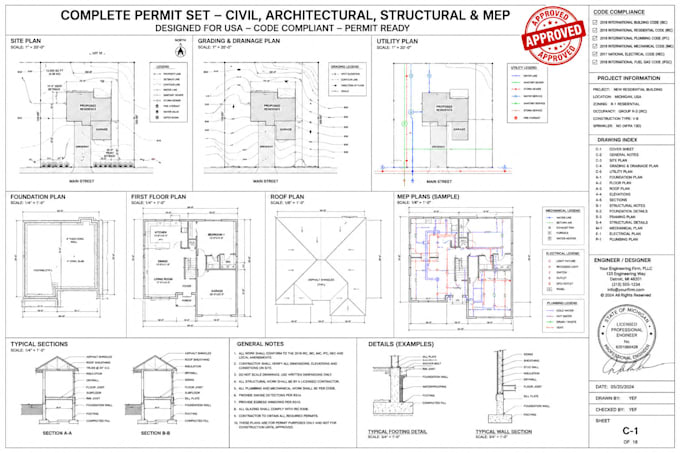 do civil engineering permit, full blueprint, site plan, mep plan