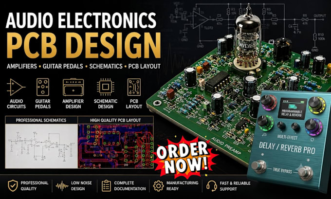 do audio electronics schematic and pcb design for amplifier and guitar pedals