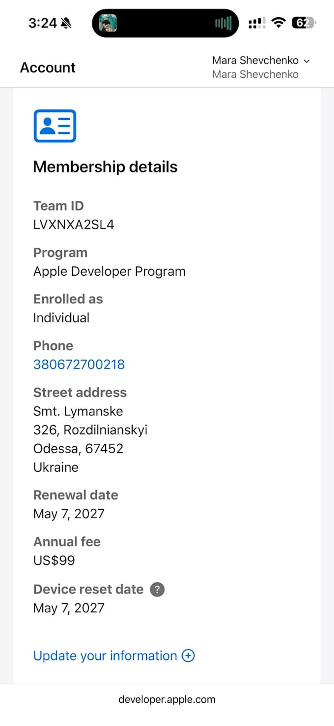 create apple developer account for u