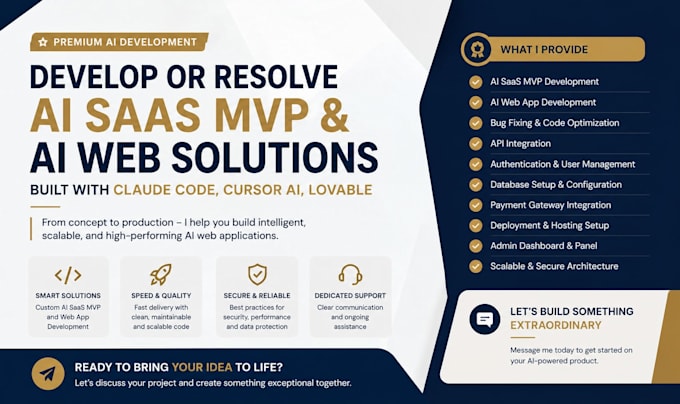 build or fix ai saas mvp, ai web app using claude code, cursor ai, lovable