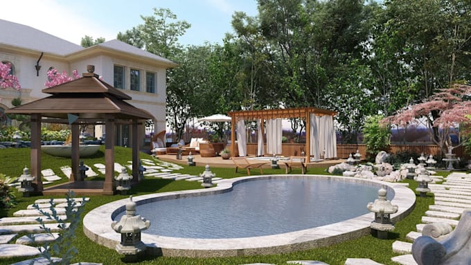 create 3d landscape design for rendering for backyard patio and pool area