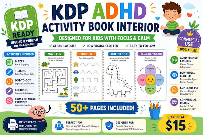 design a KDP activity book interior for kids with adhd focus exercises mazes