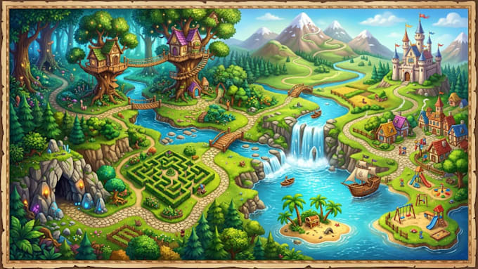 do children adventure map, trail map, city map, parking layout and hiking map