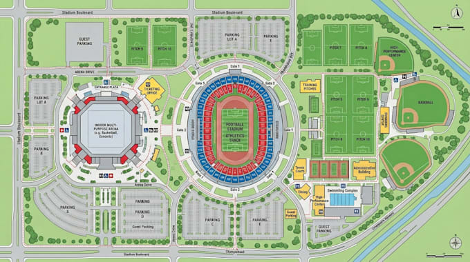 create sport complex maps, athletic facility layouts and campus maps