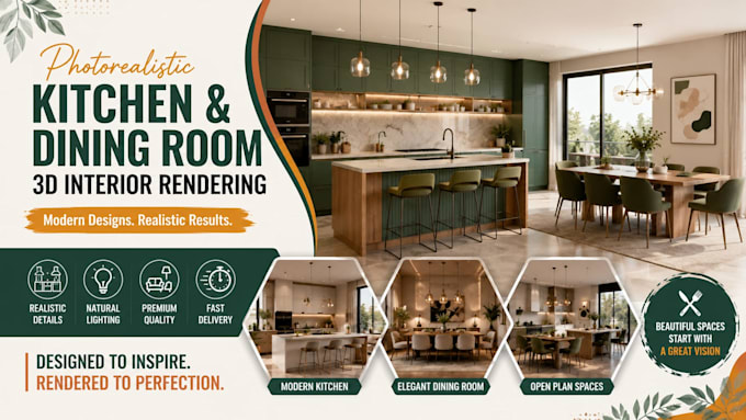 create photorealistic kitchen and dining room 3d interior rendering