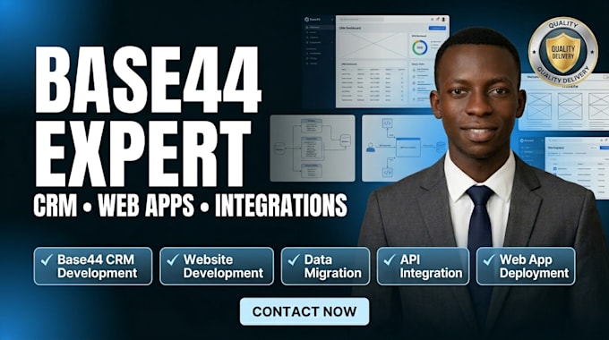 do base44 crm website development data migration integration base44 website