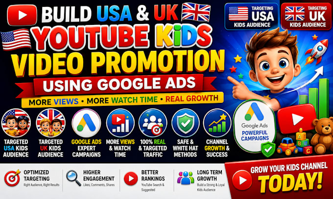 build USA and UK youtube kids video promotion promotion using google ads