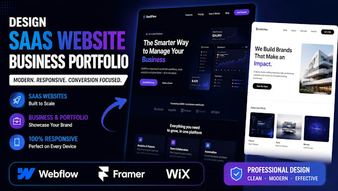 design saas website, business portfolio website,  using webflow, framer or wix