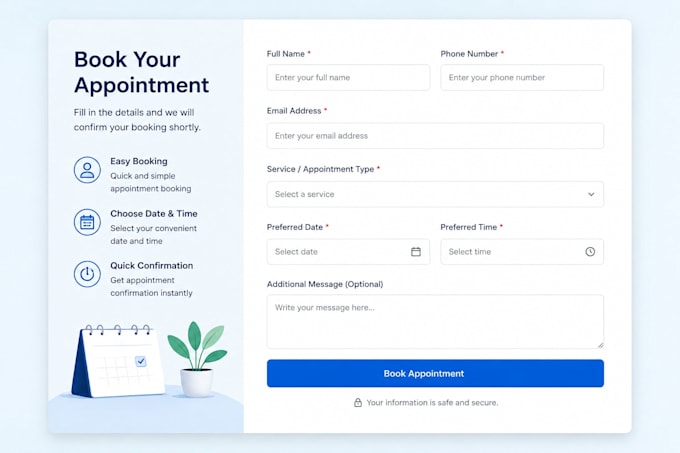 create a professional booking form or customer enquiry form
