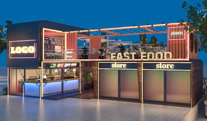 develop 3d pop up cafe design, cgi lounge,  container bar,modular dinning render