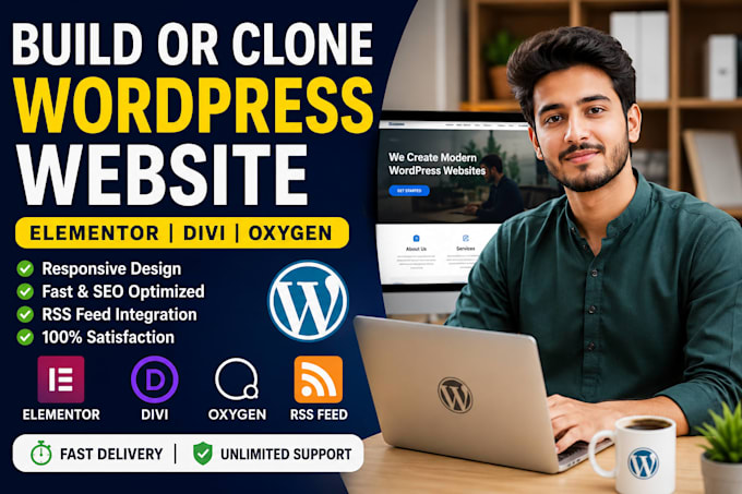 build and clone wordpress website with elementor, divi, oxygen builder, RSS feed