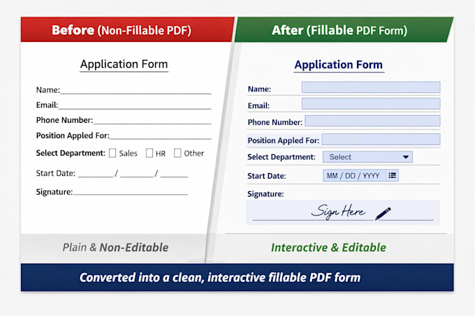 design custom fillable PDF forms with text fields, checkboxes, dropdowns