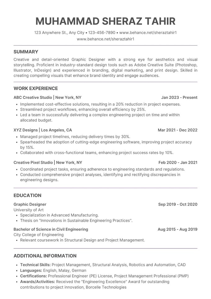 write and design a professional ats resume and CV