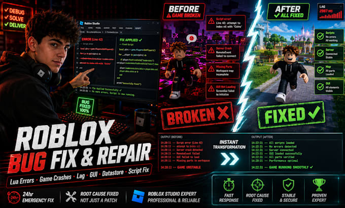 fix your roblox game bugs, errors and lua scripting issues in roblox studio