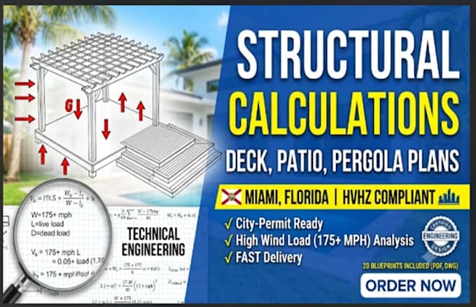 do structural calculation deck, patio or pergola structural plan miami florida