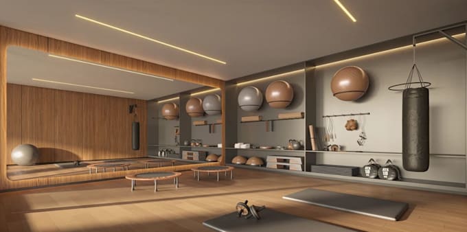 convert 2d sketch to 3d visual training room,functional layout,yoga studio space