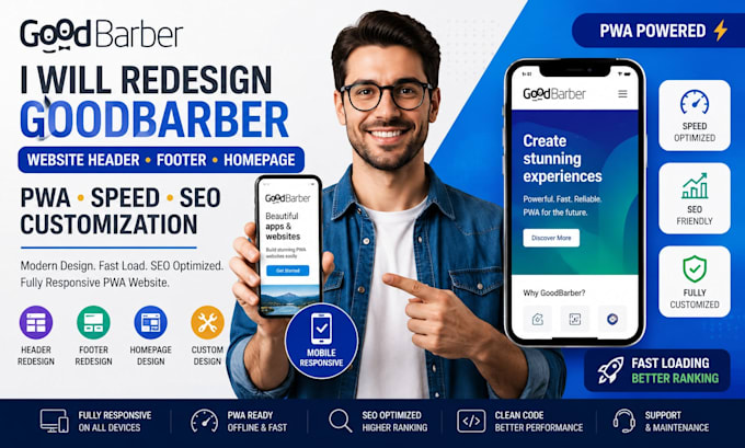 redesign goodbarber website header footer homepage pwa speed SEO customization