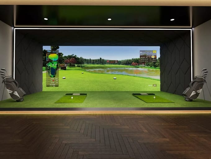 transmute 3d indoor golf simulator,virtual golf,green putt design,bar interior