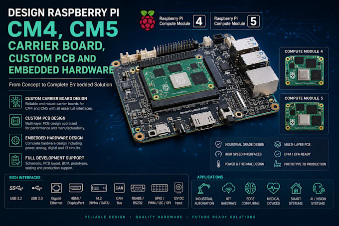 design raspberry pi cm4, cm5 carrier board, custom pcb and embedded hardware