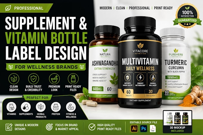 design supplement and vitamin bottle labels for wellness brands