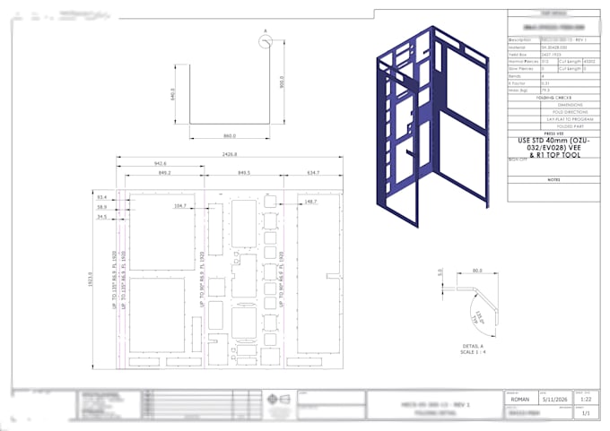 create solidworks sheet metal design, dxf laser cut and fabrication drawings