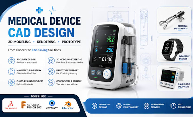 perform medical device cad design, 3d model, product rendering, prototype