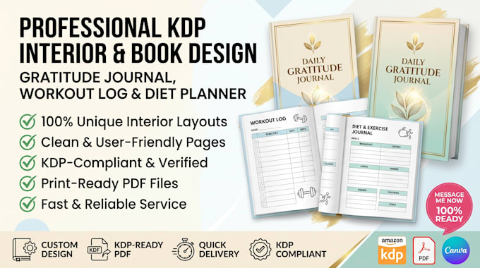 design gratitude journal, workout log book, diet exercise journal, kdp interior
