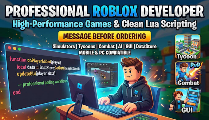 develop roblox game, simulator, tycoon, ai, combat gui, datastore
