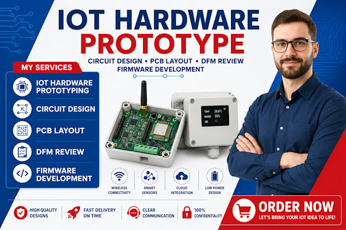 iot hardware prototype, circuit design, pcb layout, dfm review and firmware dev