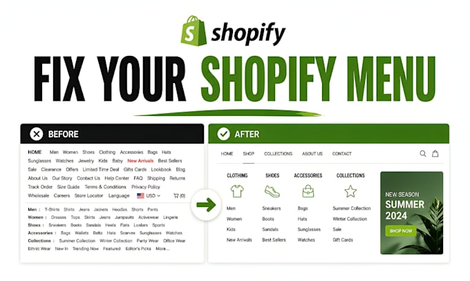 create, fix shopify menu navigation mega menu collection structure organization