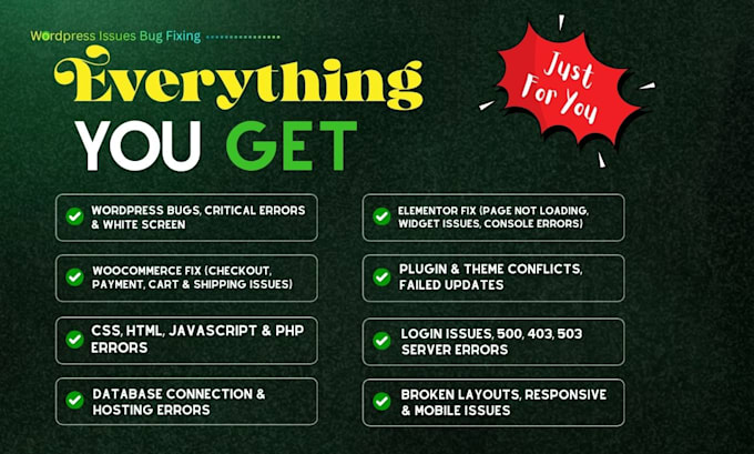 fix wordpress bugs, elementor errors, ecomm, website maintenance, wordpress help