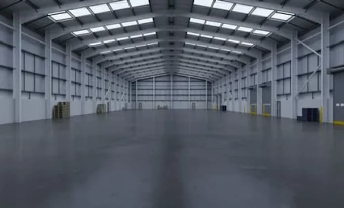 create realistic 3d industrial warehouse, factory, logistics space, data center