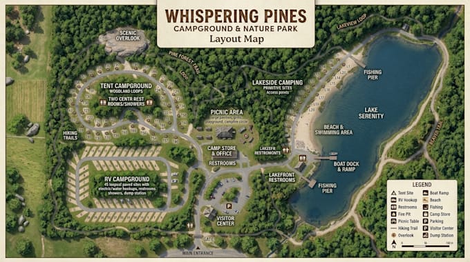 create travel map, hiking map, trail map, park map, resort map, subdivision map